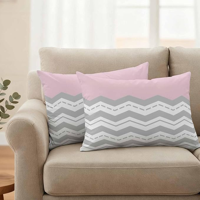 Grey Chevron Waterproof Outdoor Pillow Covers Set of 2 Home Decor, Geometric Pink Print Wavy Striped White Pillowcase Patio Pillow Covers for Couch Bench Furniture Garden 20x12in
