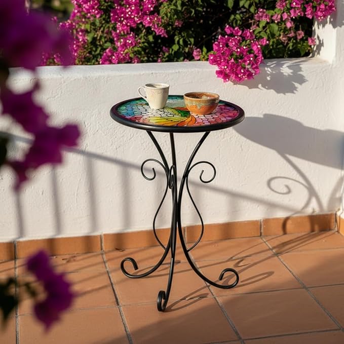 LIFFY Outdoor Side Table, 12" Glass Hummingbird Tabletop Patio Tables with Metal Frame, 21" Height Indoor Small Round Home Decorative Plant Stand Outside for Garden Patio Yard Porch