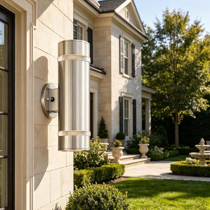 13" Stainless Steel Cylinder Dusk to Dawn Outdoor Wall Sconce | E26 Base,UL listed,Brushed Nickel Up and Down Lights Outdoor Exterior Lighting Fixture for House Garage Patio Porch Garden