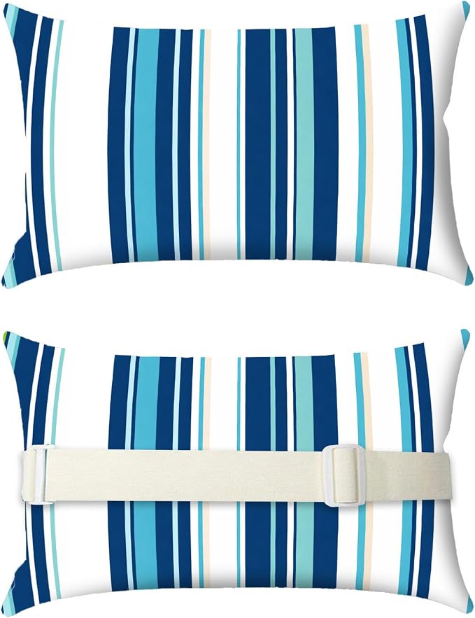 Outdoor Pillows for Lounge Chair Head Resting 2 Pack Waterproof | Headrest Lumbar Pillows with Adjustable Strap for Recliner Beach Pool Lounger Chair, Blue Stripes