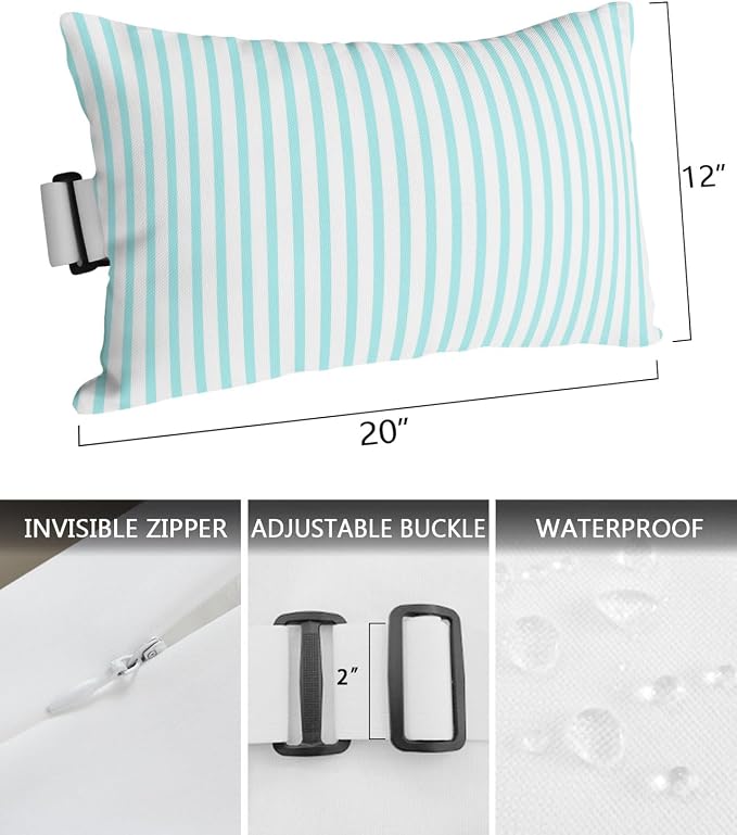Pack of 4 Outdoor Lumbar Pillow Covers 12x20 Inch, Thin Aqua Striped Waterproof Throw Pillow Covers Set, Farmhouse Modern Stripes Indoor&Outdoor Decorative Cushion Cases for Patio Porch Car