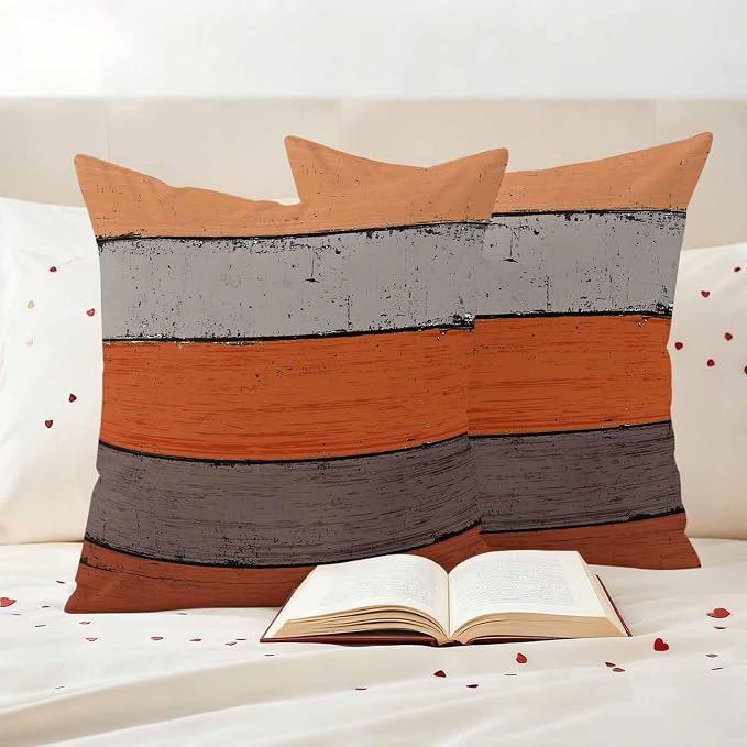 Outdoor Throw Pillow Covers 18X18 Set of 2 Waterproof Ombre Burnt Orange Gray Decorative Zippered Cushion Covers for Patio Furniture, Farmhouse Retro Rustic Barn Wood Texture Lumbar Pillowcases