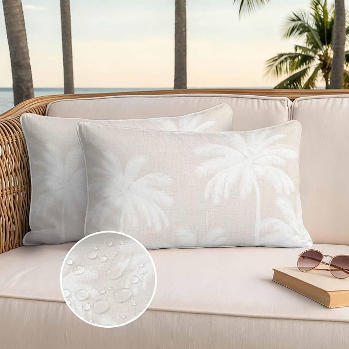 Lumbar Pillow Covers 20x12 Inch Set of 2, Cream Palm Trees Waterproof Outdoor Pillow Covers, Farmhouse Tropical Summer Beach Decorative Cushion Pillowcases for Couch, Sofa, Bed, Garden, Patio