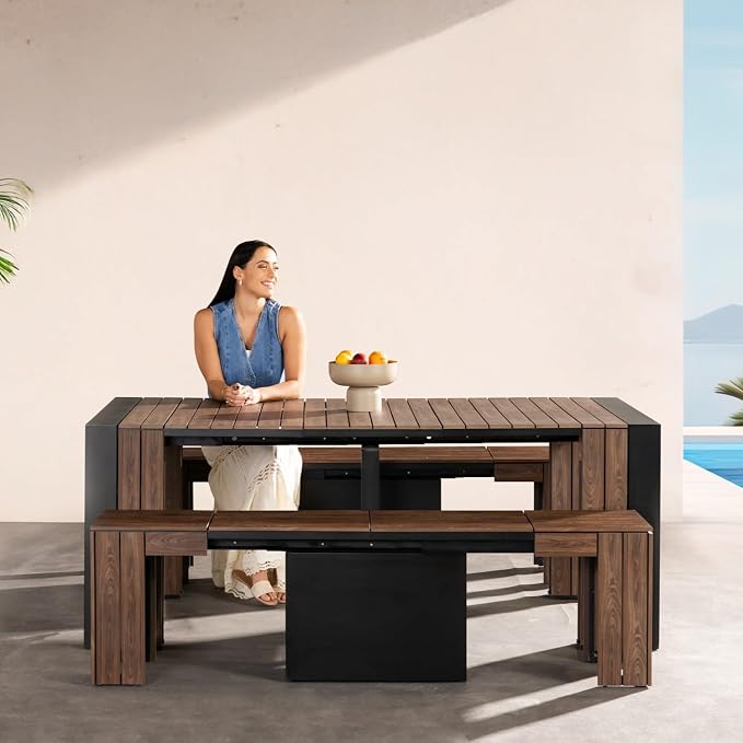 Transformer Table - Extendable Outdoor Dining Set up to 12, Expandable Patio Table, Weather-Resistant Patio Furniture, Outdoor Furniture, Dark Walnut, Brown (Table + 2 Benches)