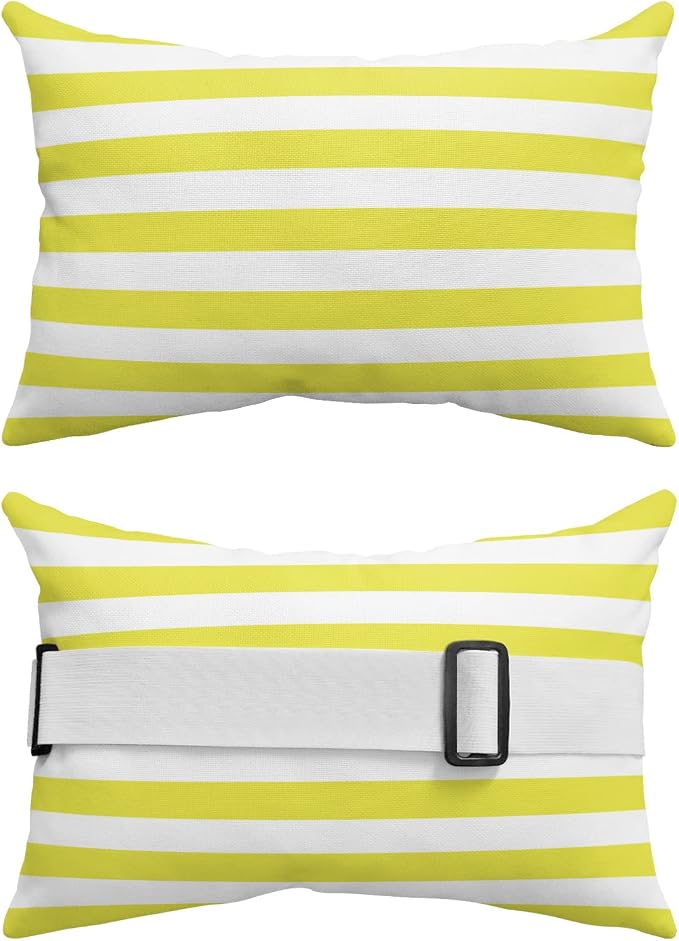 T&H XHome Outdoor Pillow for Chaise Lounge Chair, Yellow and White Stripes Waterproof Headrest Pillow Lumbar Pillows with Adjustable Elastic Strap for Beach, Poolside, Patio, Office (2 Pack)