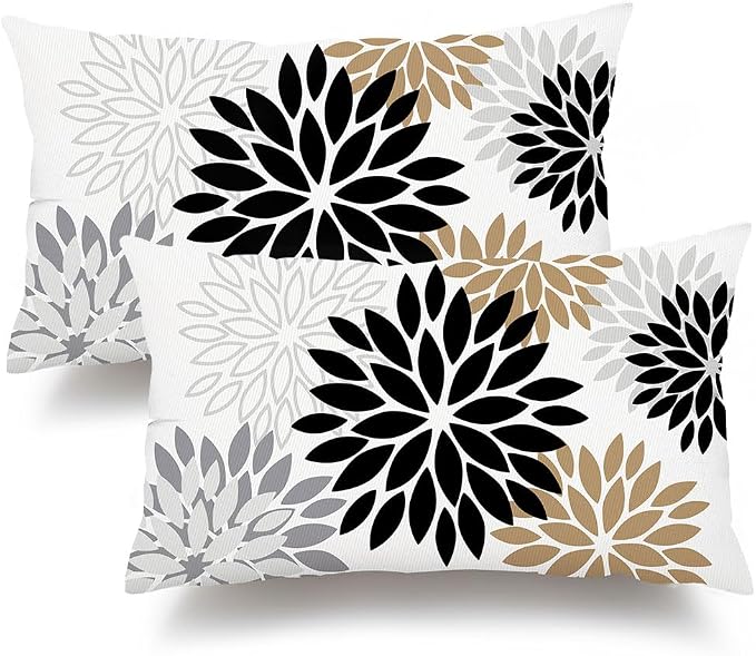 DFXSZ Outdoor Waterproof Pillow Covers 12x20 Set of 2 Black Brown Flower | Spring Summer Waterproof Flower Throw Pillowcases（No Inserts）Outdoor Decor for Patio Funiture Garden Polyester Covers