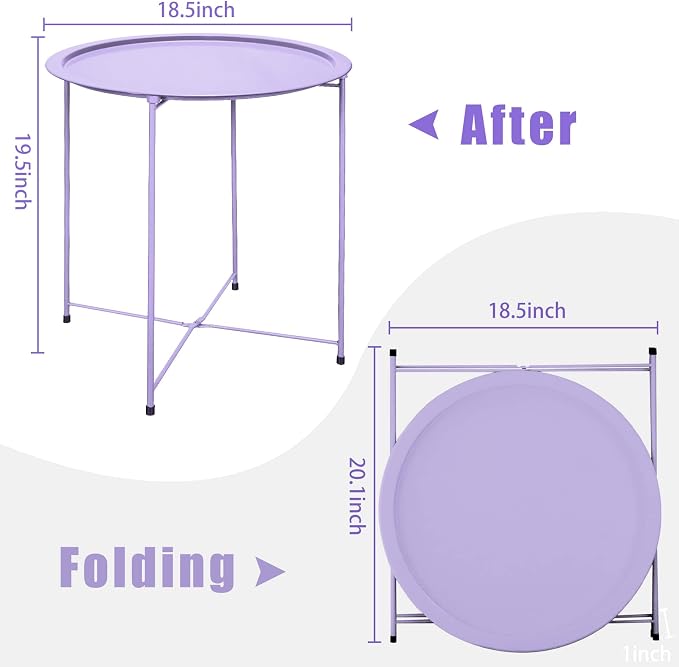 Garden 4 you End Table Metal Side Table Purple Round Folding Tray Cyan Sofa Small Accent Fold-able Table, Round End Table Tray, Next to Sofa Table, Snack Table for Living Room and Bed Room