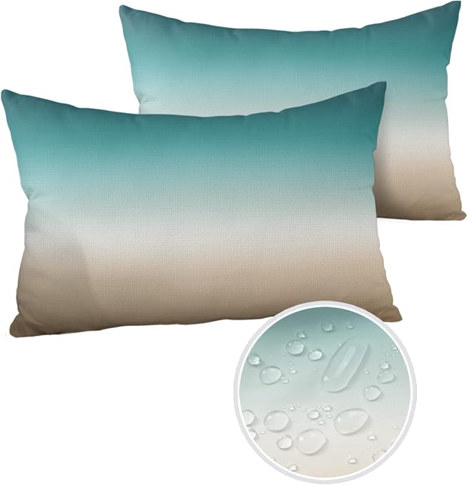 Outdoor Pillow Covers Waterproof Teal Beige Ombre Cream All Weather Cushion Case Set of 2, Modern Turquoise Abstract Art Aesthetics Lumbar Pillowcase for Sofa Couch Bed Decor Patio Furniture 20"x12"