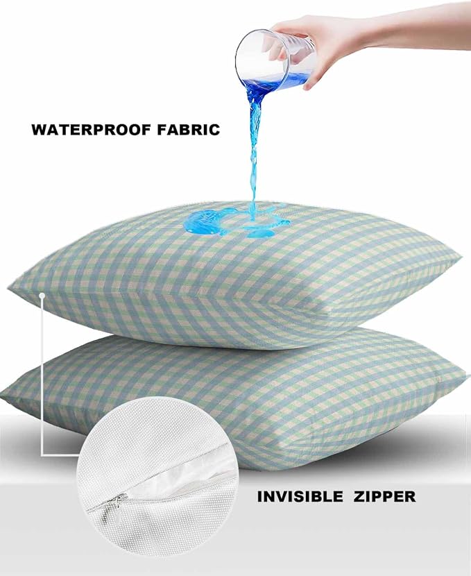 Outdoor Waterproof Throw Pillow Covers Set of 2 Buffalo Plaid Pillowcases 16x16 Inches Blue Linen Classic Checked Patio Decorative Pillows Cushion Case Patio Pillows for Couch Bed Chair Garden