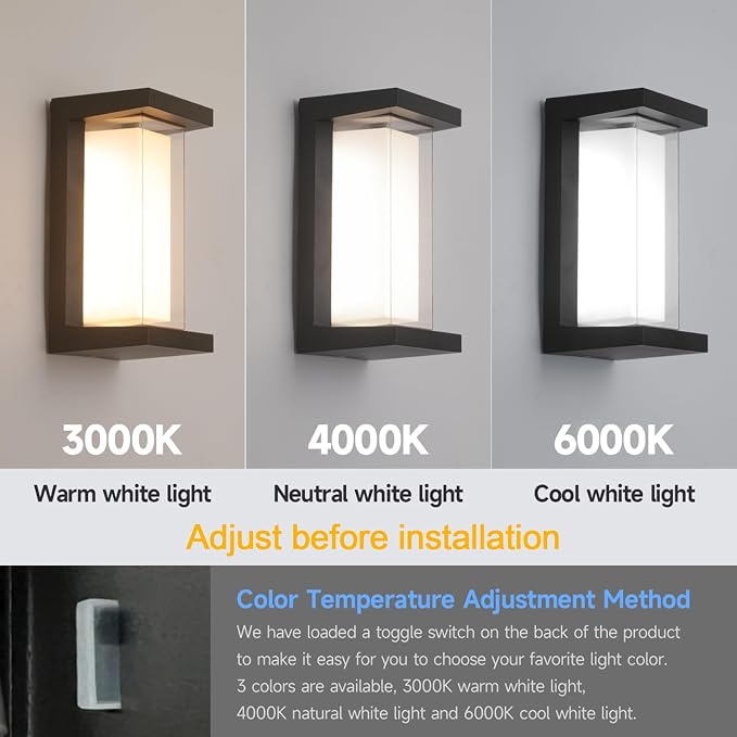 2 Pack 24W Outdoor Wall Lights Exterior/Interior LED 3-Color Adjustable 2100LM Sconces Lights IP65 Waterproof Modern Outdoor Patio Lighting Fixtures Aluminum Wall Lights Compatible with Dimmers