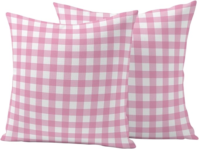 Rose Pink Checks Outdoor Pillow Covers 24"x24" Set of 2, Gingham Plaid Abstract Modern Minimalist Waterproof Throw Pillow Covers for Patio Furniture, Decorative Cushion Covers for Porch