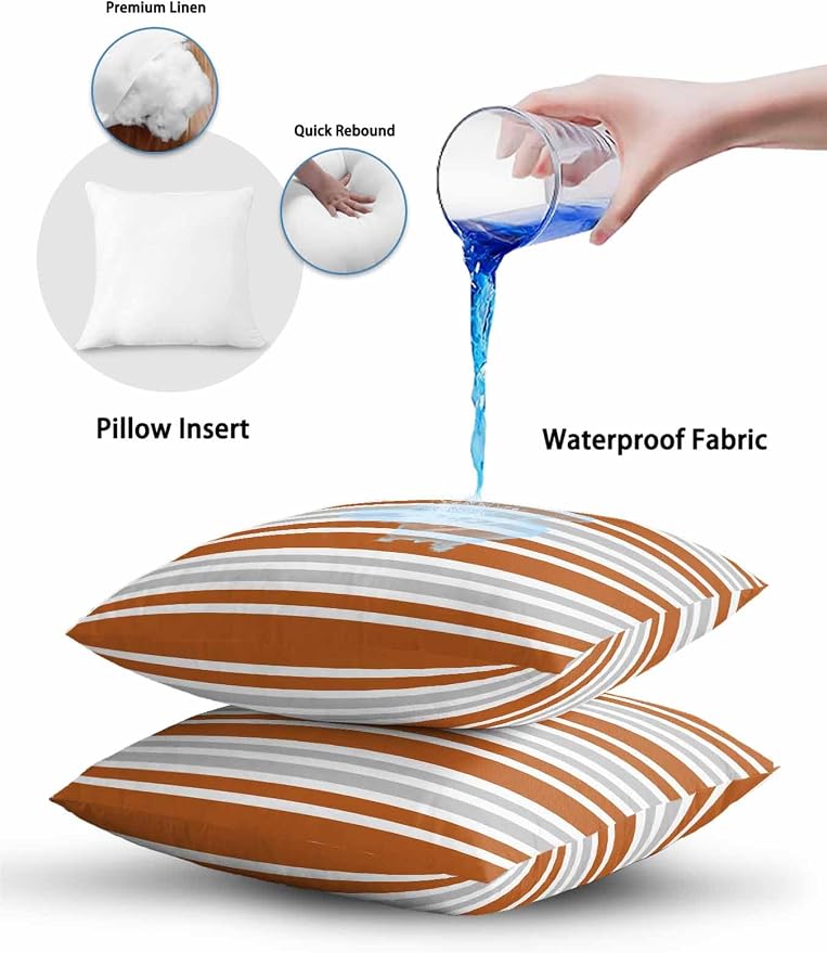 Outdoor Waterproof Throw Pillows Abstract Modern Stripes Patio Pillows,Decorative Pillow Covers with Insert,Pillow Cushion Case for Garden Couch Sofa Orange White Gray