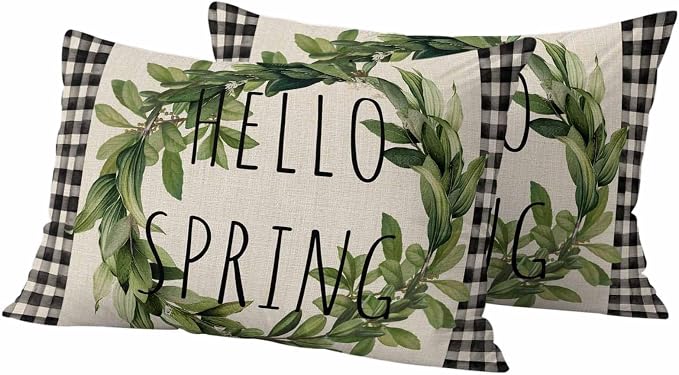 Hello Spring Outdoor Pillow Covers Pack of 2 Green Leaf Plant Black Plaid Vintage Linen Texture Waterproof Throw Pillow Covers Decorative Cushion Cases for Patio Garden Tent Balcony Couch 20x12 inch