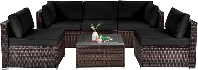 HAPPYGRILL 6 Pieces Outdoor Patio Furniture Set, PE Rattan Conversation Set with Tempered Glass Coffee Table and Cozy Cushions, Weather Resistant Sectional Sofa Set, Black