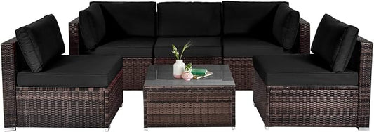 HAPPYGRILL 6 Pieces Outdoor Patio Furniture Set, PE Rattan Conversation Set with Tempered Glass Coffee Table and Cozy Cushions, Weather Resistant Sectional Sofa Set, Black