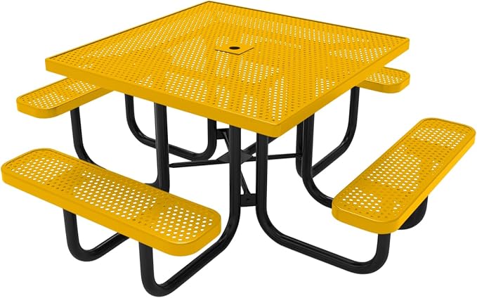 COATEDOUTDOORFURNITURE Heavy-Duty Portable Outdoor Picnic Table with Umbrella Hole, Punched Steel Commercial-Grade Patio Dining Furniture Made in America (46" Square Top, Yellow)