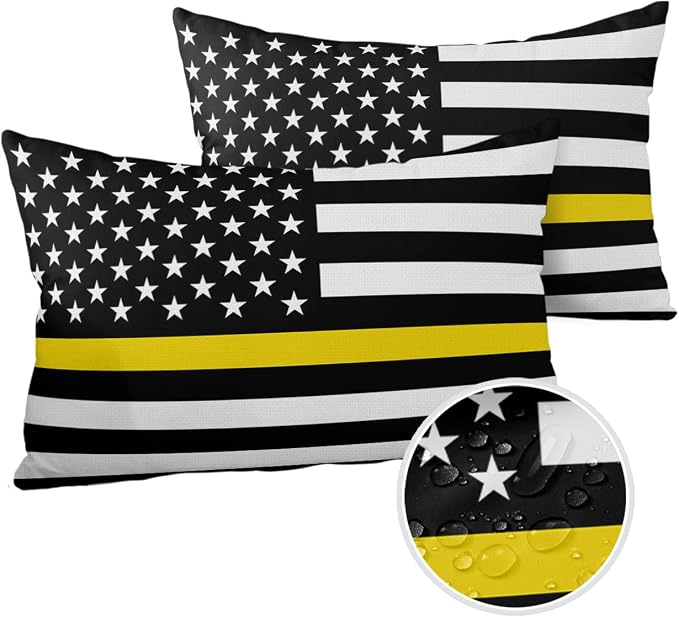 Outdoor Waterproof Pillow Covers Set of 2, Thin Yellow Line Gold Emergency Dispatchers Truck Flag Patio Throw Pillow Covers, Decorative Cushion Case for Couch Sofa Furniture Garden, 20x12 Inch