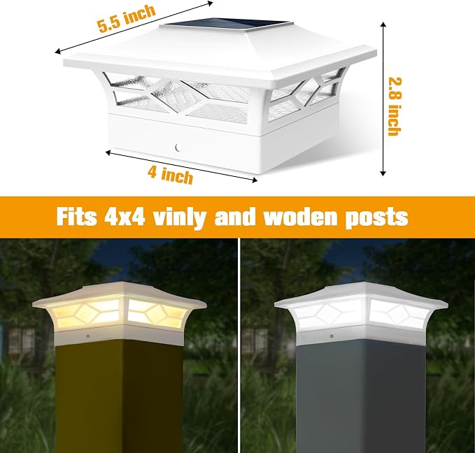 JOFIOS Solar Fence Post Lights, Cap Lights for 4x4/5x5 Vinyl Fence and 4x4/6x6 Wooden Post, Warm White/Cool White Lighting, White Solar Cap Outdoor Waterproof Decorate Garden Pathway Deck Patio