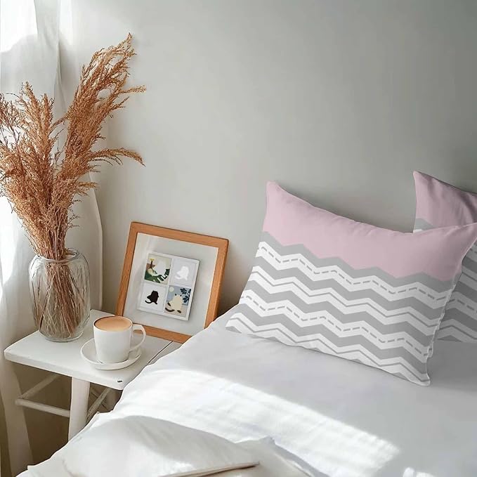 Grey Chevron Waterproof Outdoor Pillow Covers Set of 2 Home Decor, Geometric Pink Print Wavy Striped White Pillowcase Patio Pillow Covers for Couch Bench Furniture Garden 20x12in