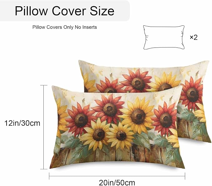 Retro Farmhouse Red Yellow Sunflower Outdoor Pillow Covers 20x12in Pack of 2 Waterproof Pillowcase Vintage Rustic Wood Floral Decorative Throw Cushion Case for Patio Couch Sofa