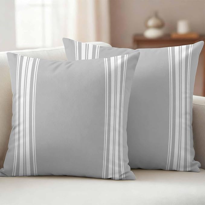 Outdoor Pillow Covers 16x16 Set of 2 Grey Stripes Outdoor Pillows Waterproof Throw Pillow Covers French Stripe Farmhouse Style Pillowcases Decorative Case for Patio Cushion