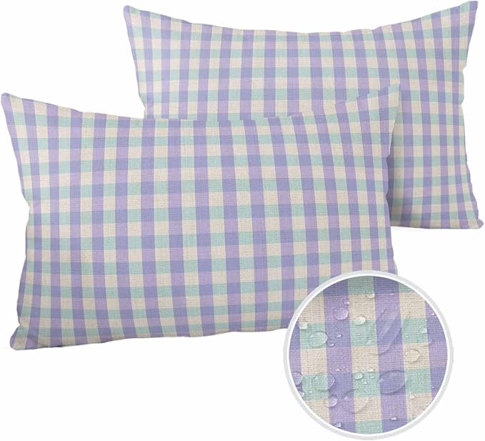 Outdoor Waterproof Throw Pillow Covers Set of 2 Purple Buffalo Plaid Lumbar Pillowcases 20x12 Inches Linen Classic Checked Patio Decorative Pillows Cushion Case Patio Pillows for Couch Bed Garden
