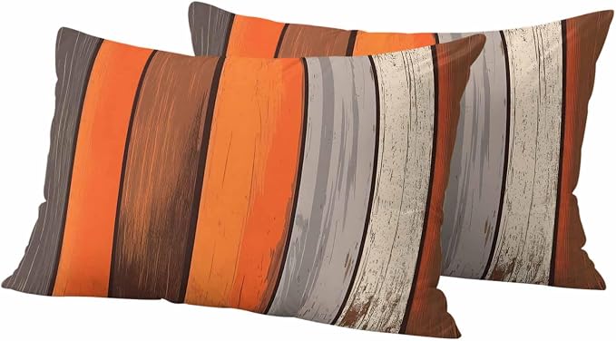 JasmineM Outdoor Pillow Cover 12x20 Inches Set of 2 Orange Brown Gray Striped Waterproof Throw Pillow Covers Retro Wood Grain Decorative Pillowcases Garden Cushion Case for Patio Couch Sofa