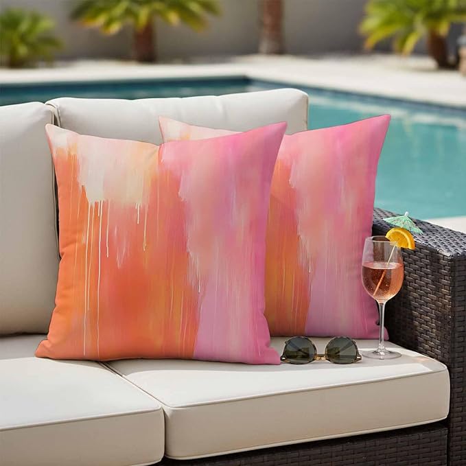 Outdoor Waterproof Pillow Covers Abstract Ombre Orange Pink Pack of 2 Lumbar Pillow Cover Oil Painting Art Decorative Cushion Pillowcases for Patio Couch Bench Garden 16 x 16 Inches