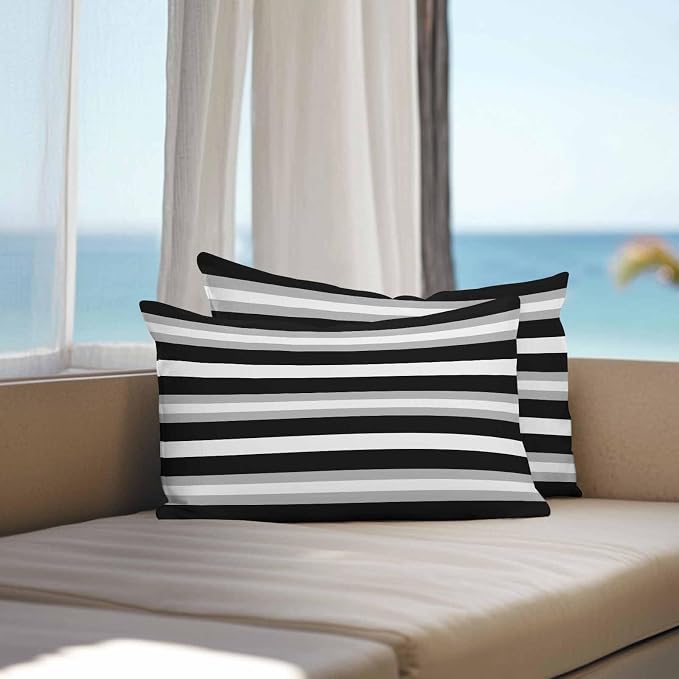 Black Grey Stripe Outdoor Pillow Covers Waterproof, All Weather Cushion Case Set of 2, Minimalist Farmhouse Striped Lumbar Pillowcase for Sofa Couch Bed Decor Patio Furniture 20"x12"