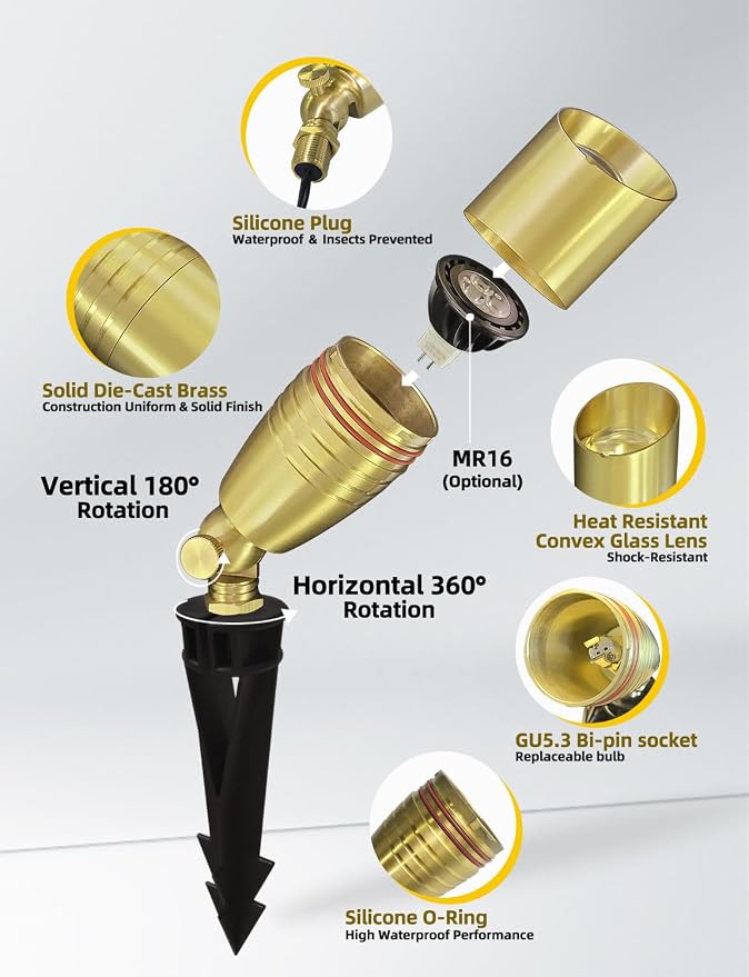 COLOER Die-cast Brass Landscape Spotlight 12-Pack with 5W Aluminum Housing LED MR16 Bulb,12V AC/DC Low Voltage Copper Outdoor Lighting, Directional Garden Patio Spot Up Light (102B Copper Finish)