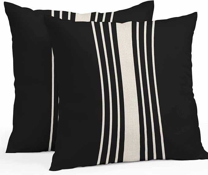 Throw Pillow Covers 16x16 Inch Set of 2, Black Beige Striped Waterproof Outdoor Cushion Covers, Modern Farmhouse Retro Lines Decorative Pillowcases for Couch, Sofa, Bed, Garden, Patio