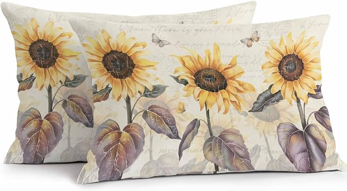Sunflower Outdoor Pillow Covers Pack of 2, Retro Sunflower Floral Butterfly Waterproof Pillow Covers Seasonal Spring Summer Throw Pillowcase for Patio Funiture Garden Tent, 12 x 20 inch
