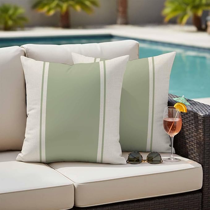 Abstract Gray Green Color Block Outdoor Pillow Covers Set of 2 Vintage Lines Linen Texture Waterproof Throw Pillow Cover Decorative Cushion Cases for Patio Porch Garden 16X16 Inch