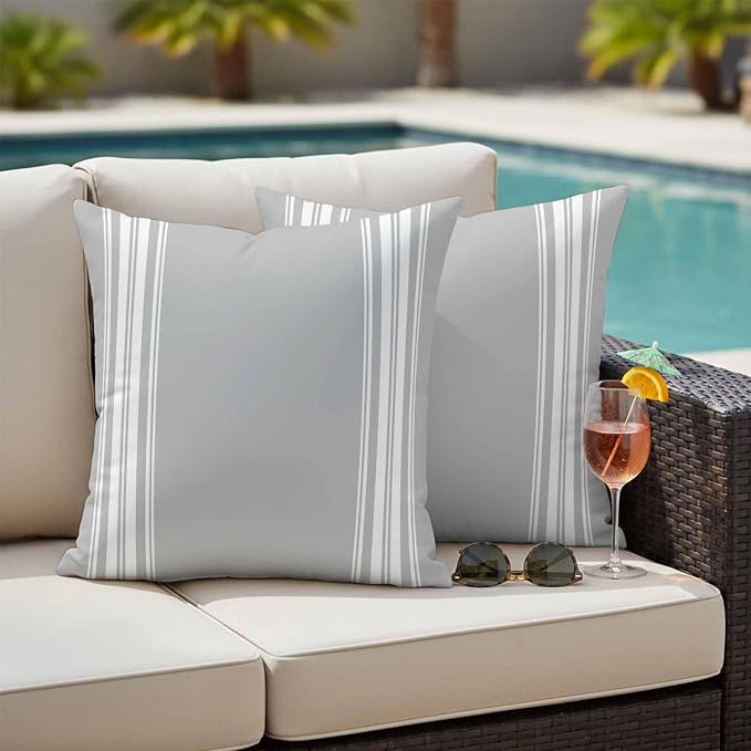 Outdoor Pillow Covers 18x18 Set of 2 Grey Stripes Outdoor Pillows Waterproof Throw Pillow Covers French Stripe Farmhouse Style Pillowcases Decorative Case for Patio Cushion