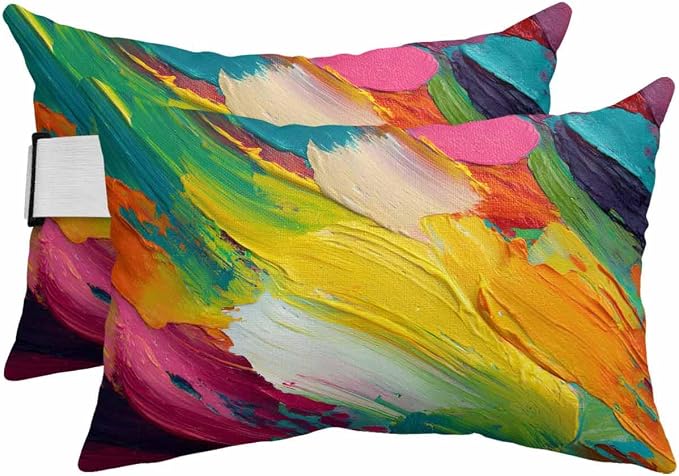 Pack of 4 Colorful Oil Painting Lumbar Pillow Covers, Outdoor Waterproof Throw Pillow Covers Set, Modern Abstract Art Rainbow Color Decorative Cushion Case for Patio Beach, 11x16 Inch