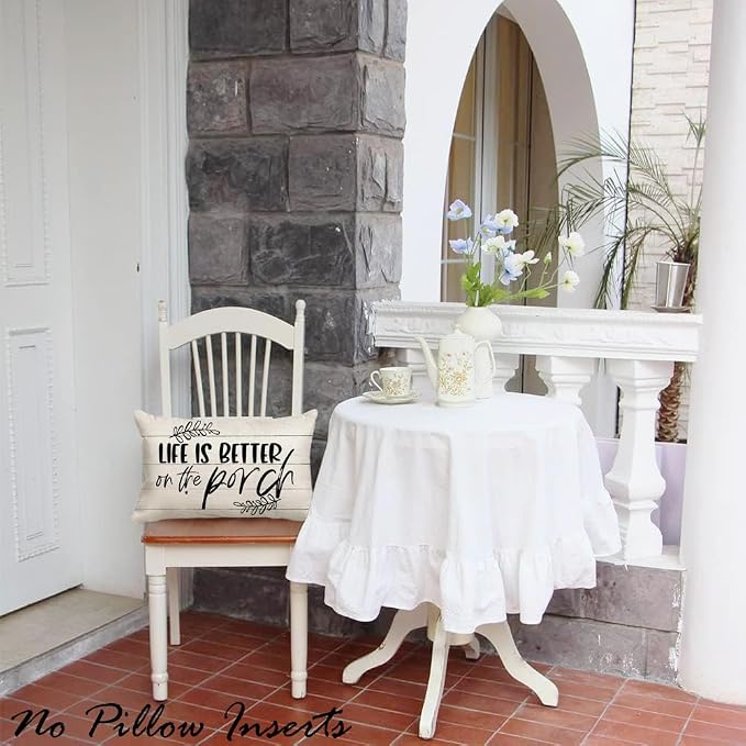 Porch Pillows Outdoor Chair Patio Furniture Pillow Covers 18x18 Waterproof | Set of 2, No Inserts, Weather Resistant, Patio Furniture, Minimalist Neutral Home Decor, Life is Better On The Porch Sign