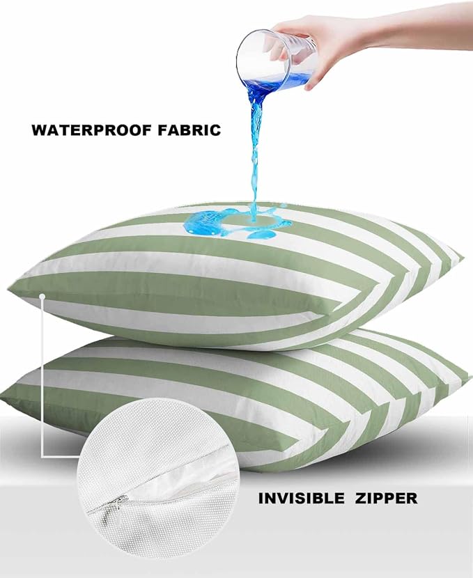 Outdoor Pillows 24x24 Waterproof Outdoor Pillow Covers Spring Stripes Green Polyester Throw Pillow Covers Garden Cushion Decorative Case for Patio Couch Decoration Set of 2 Sage Green