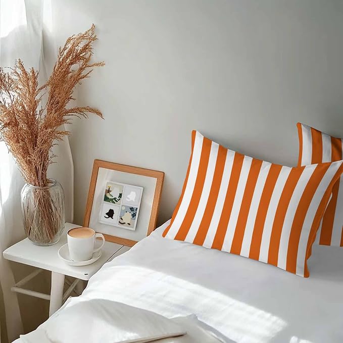 Burnt Orange Striped Outdoor Waterproof Throw Pillow Covers 20x12 Set of 2, Thanksgiving Orange White Stripes Decorative Pillowcases Cushion Pillowcase for Couch Sofa Patio Outside Pillow Protector