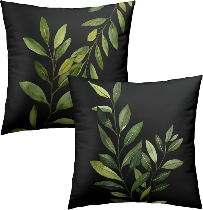 Green Leaf Black Pillow Covers Set of 2, 16x16 Inch – Modern Sage Leaves Plants Cotton Hidden Zipper Pillowcases for Couch Sofa Bed Porch Farmhouse Spring Season Home Decor
