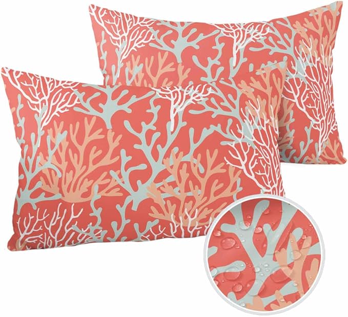 Pack of 2 Outdoor Pillow Covers 20x12 Waterproof Orange Ocean Coral Throw Pillow Covers, Decorative Pillowcases Nautical Coastal Summer Beach Cushion Covers for Patio Garden Couch Pillow Case