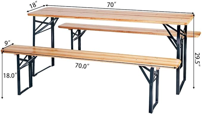 HAPPYGRILL 3PCS Outdoor Folding Picnic Table Bench Set, Portable Patio Dining Table Set with Wooden Top & Steel Frame