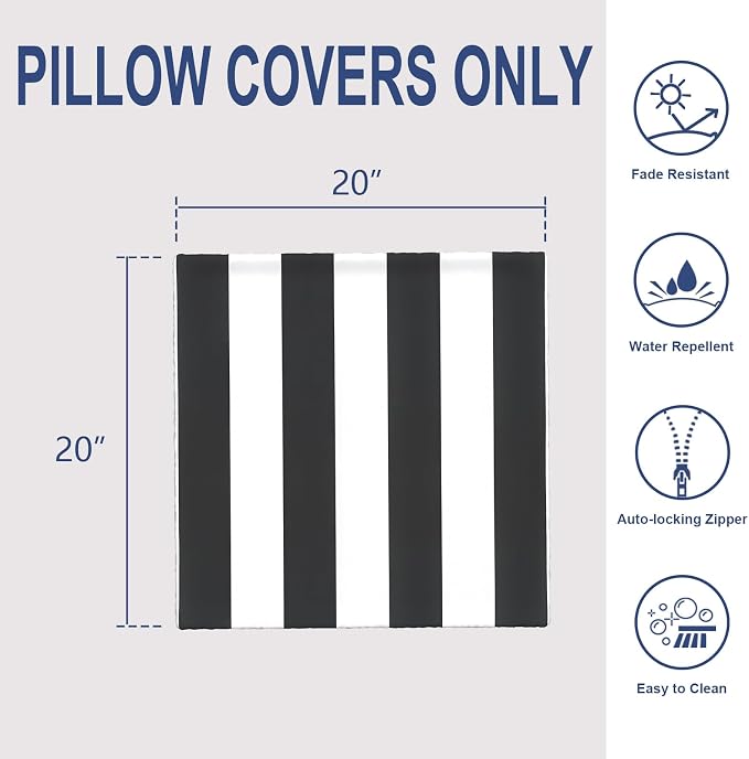 20x20 Inch Pack of 2 Patio Throw Pillow Covers ONLY, Water Repellent Cushion Cases, Square Pillowcases for Outdoor Couch Decoration, Cabana Black