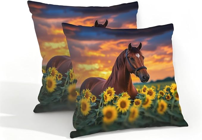 16x16 Inch Outdoor Pillow Covers Set of 2 Waterproof Throw Pillow Covers Decorative Couch Cushion Covers Brown Horse Sunflower Square Pillowcases Protectors for Patio Garden Sofa