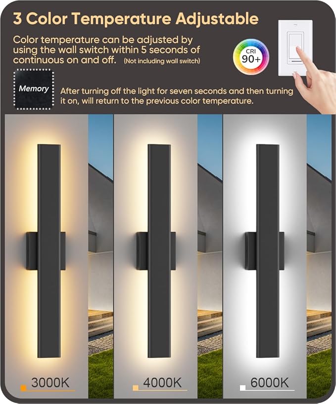 Aipsun 2 Packs LED Outdoor Wall Lights, 3000K 4000K 6000K, 23.6in Modern Black Outdoor Porch & Patio Wall Sconce, Linear Exterior Wall Light for Entrance, Hallway, Garage, Porch(3CCT)