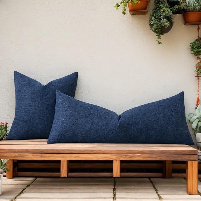 Kevin Textile Outdoor Waterproof 14”x36” Lumbar Pillow Cover 1 Pack, Blue | Water Resistant, Soft Faux Linen-cotton Yarn-dyed Woven Texture Throw Pillow Covers for Tent Patio Garden Couch Sofa