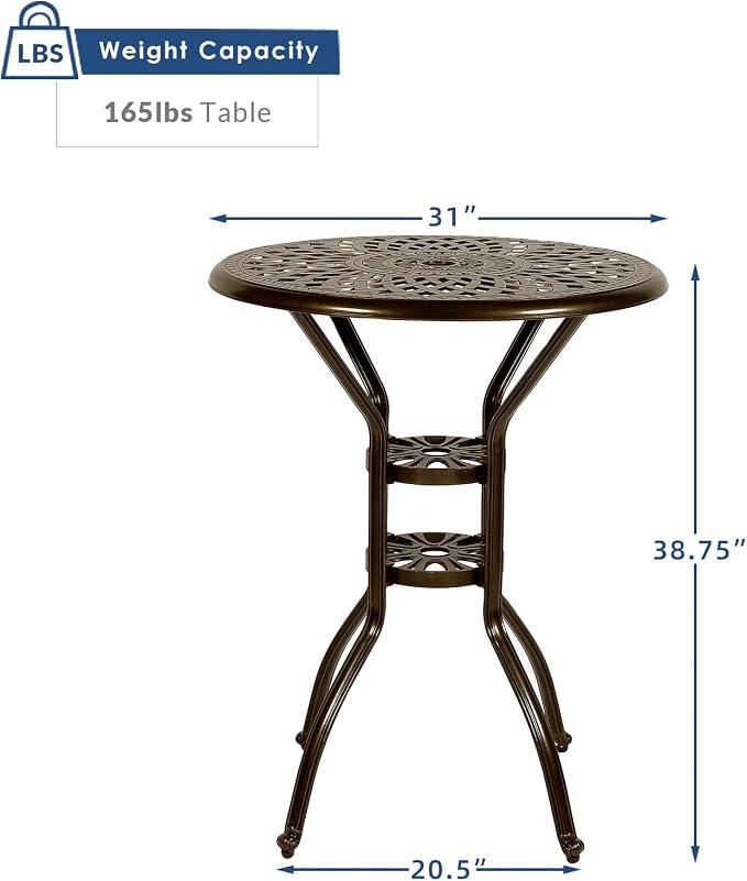 Outdoor Cast Aluminum Bar Table, 31" Patio Bar Height Table with 2" Umbrella Hole, All Weather High Top Bistro Round Dining Table for Outside Deck Porch Balcony Poolside, Dark Bronze