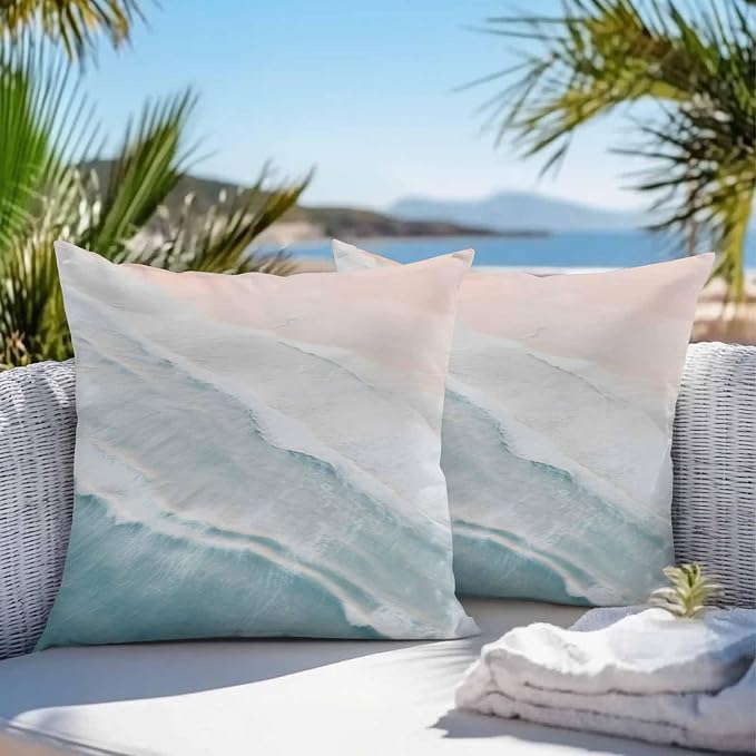 Outdoor Throw Pillow Cover Watercolor Blue White Wave Ripple Ocean Beach Waterproof Cushion Covers 2 Pack Coastal Landscape Pillow Cases Home Decoration for Patio Garden Couch Sofa