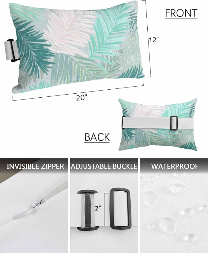 Outdoor Pillows Waterproof Covers Set of 2, Turquoise Palm Leaves Adjustable Elastic Chaise Lounge Head Resting Pillows, Tropical Leaf Plant Lumbar Pillow for Pool Beach Patio Furniture 20x12 Inch