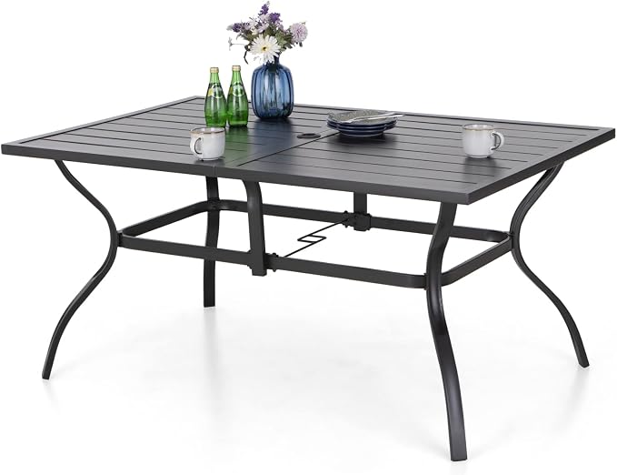 MFSTUDIO Outdoor Patio Dining Table, 6 Person Metal Patio Furniture Table with 1.57" Umbrella Hole for Deck,Backyard,Lawn,Garden (Black)