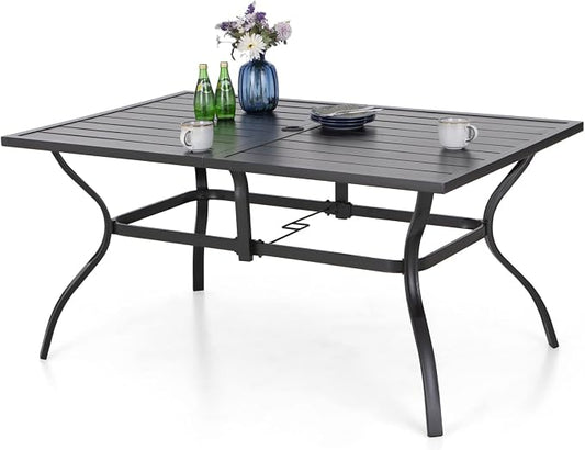MFSTUDIO Outdoor Patio Dining Table, 6 Person Metal Patio Furniture Table with 1.57" Umbrella Hole for Deck,Backyard,Lawn,Garden (Black)